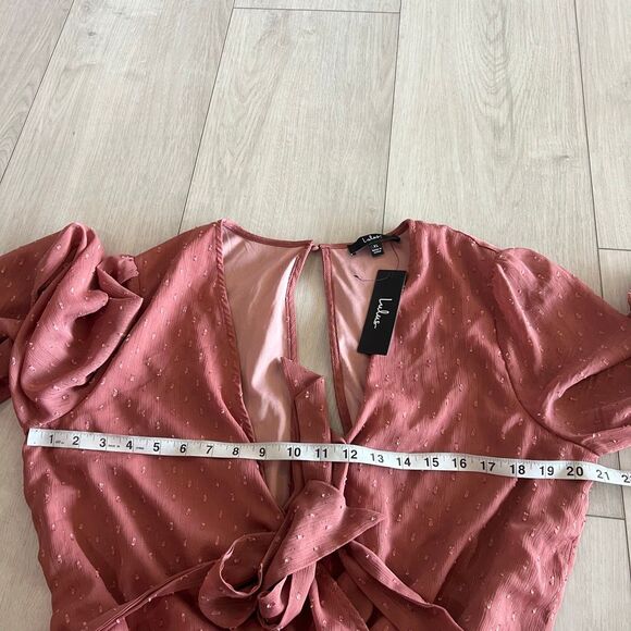 Lulu's Closer Look Dusty Rose Mauve Swiss Dot Tie Sleeve Romper Womens Sz XL - Picture 5 of 11